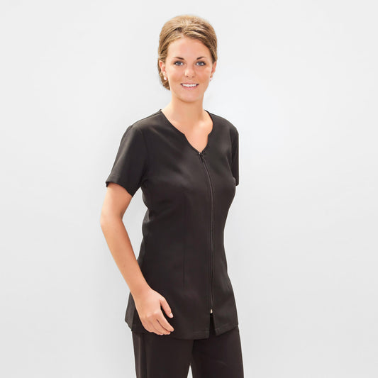 Black women's female tunic with zip and short standard sleeves for dentist, beauty, pharmacist